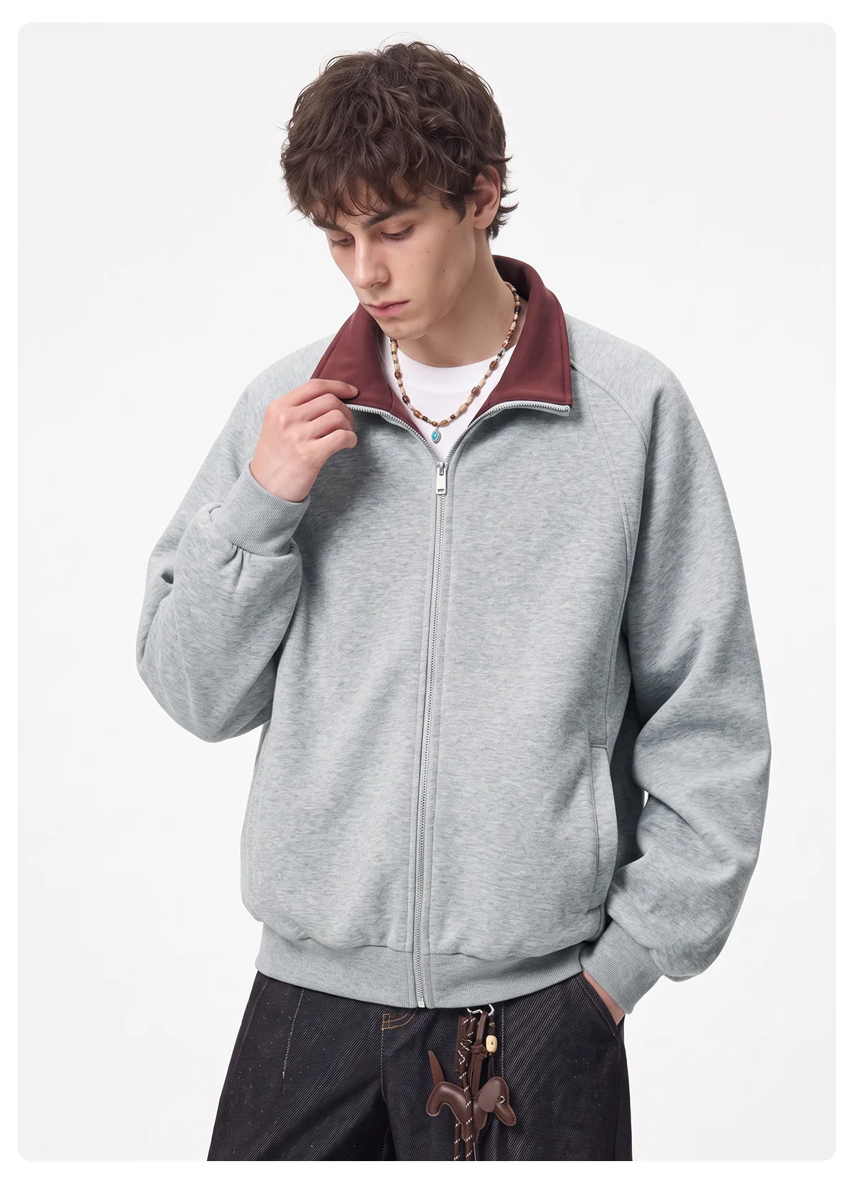 Men's Sports Cardigan Sweatshirt Warm Loose-Fitting Turn-Down Collar Color-Blocked Textured Jacket Heavyweight Soft