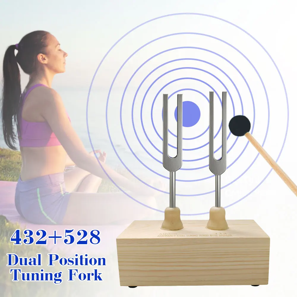 

Resonance Tuning Forks for Meditation - Complete Set with Weighted & Unweighted Forks (432Hz, 528Hz), Wooden Resonator