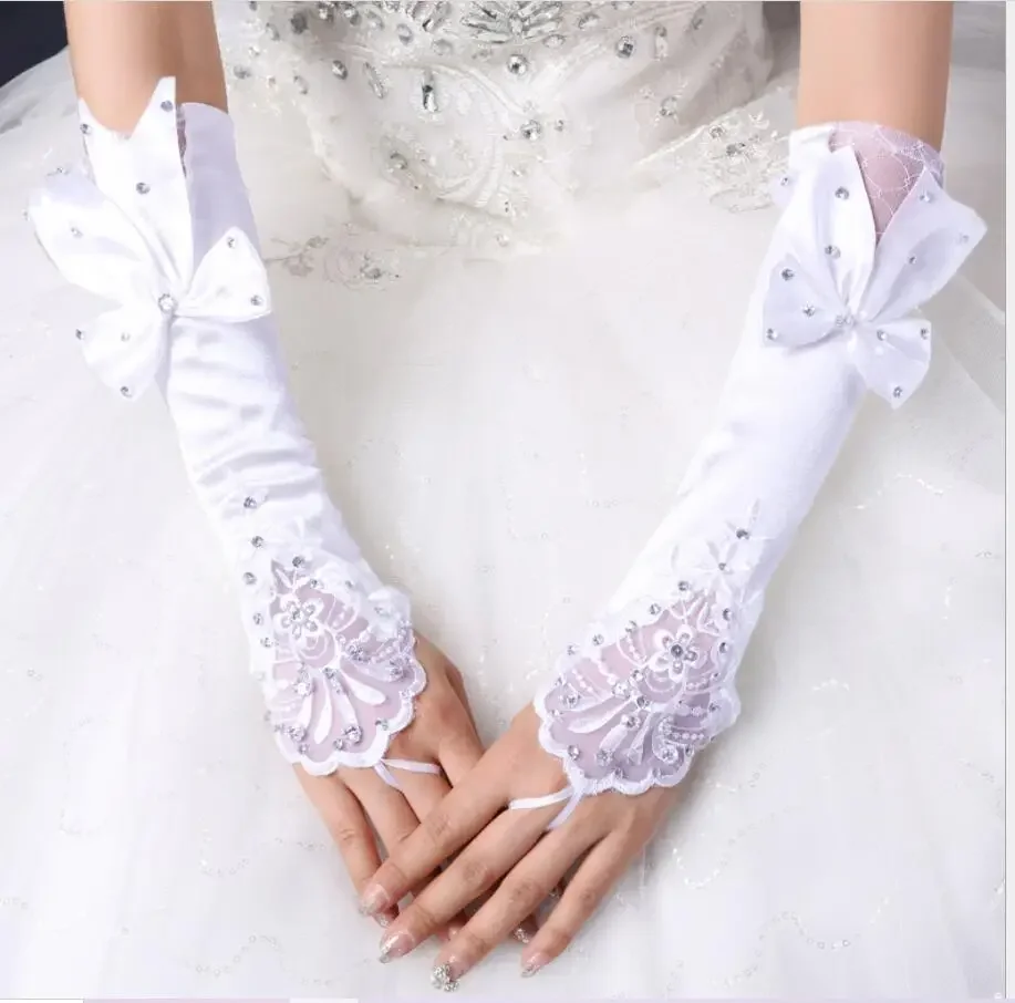 Womens Long Satin Gloves Fingerless Beaded Sequins Bridal Wedding Accessory Womens Bow Gloves