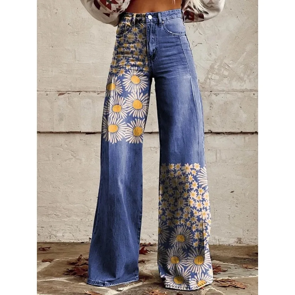 Damen Blaue Orientalische Pflaumenblüten-Druck Hose mit Hoher Taille und Weitem Bein Vintage Blumenmuster Y2K Ästhetik Lose Hose Retro Streetwear – Detail 13