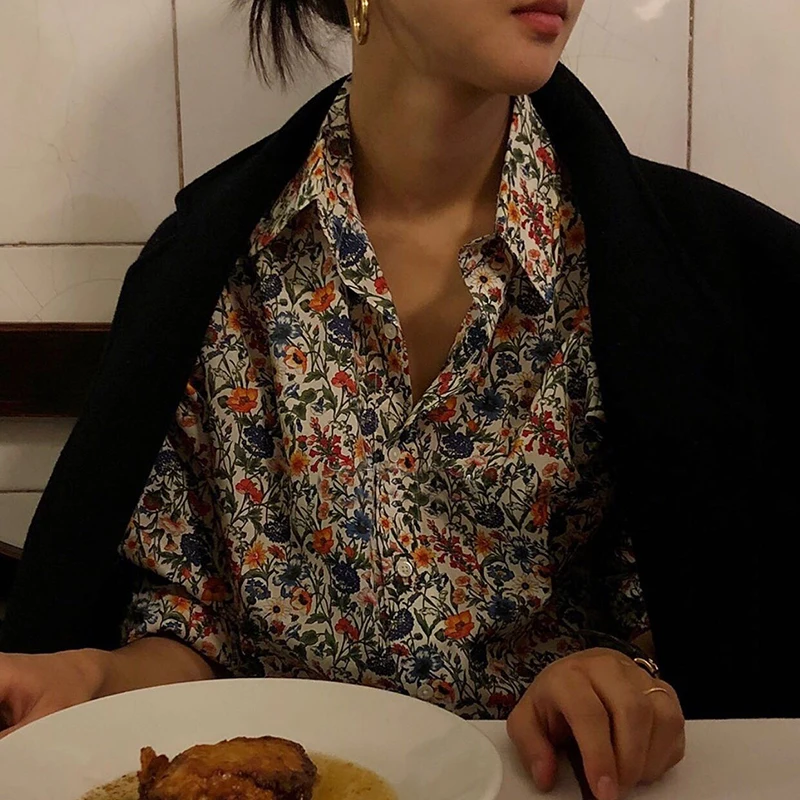 

Retro Floral Print Long Sleeve Shirt Country Style Design Unique Fashionable Women's Cotton Polyester Blend Spring Shirt