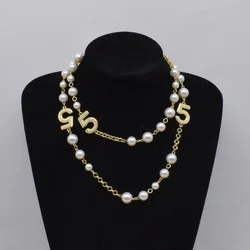 Fashion senior sense grey white pearl necklace niche design personality simple rhinestone letter pendant sweater chain