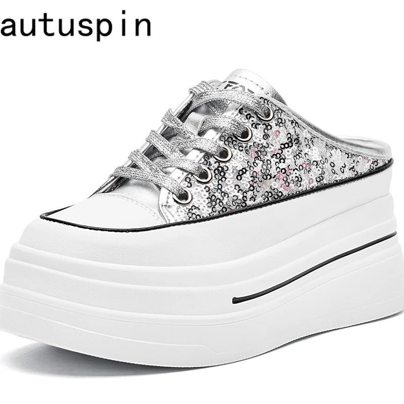 

AUTUSPIN 7.5cm Sequined Cloth Shoes for Women Shiny Fashion Slippers Round Toe Ladies Platform Slides Shoes Outdoor Casual Tide