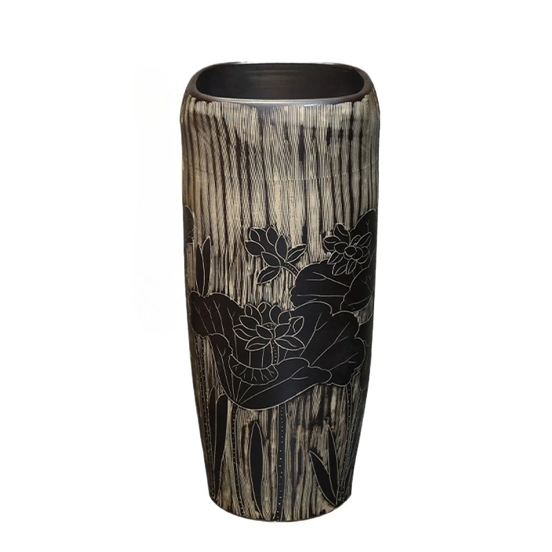 

Retro carved black lotus courtyard column washbasin integrated washbasin outdoor floor column washbasin
