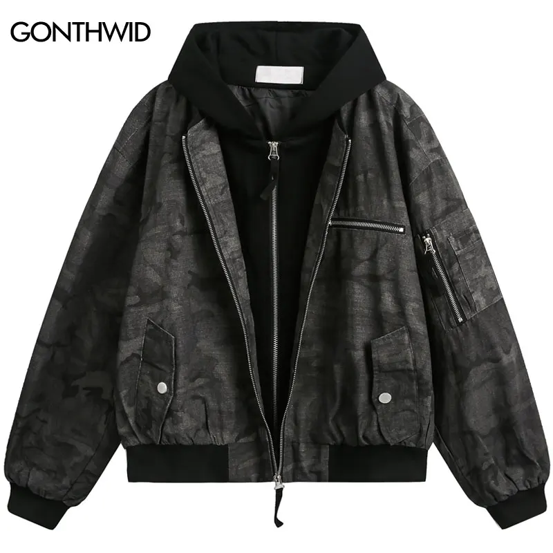 Vintage Hooded Jacket Streetwear Y2K Camo Camouflage Double Military Tactical Zipper Up Bomber Coat Hip Hop Casual Baggy Jackets