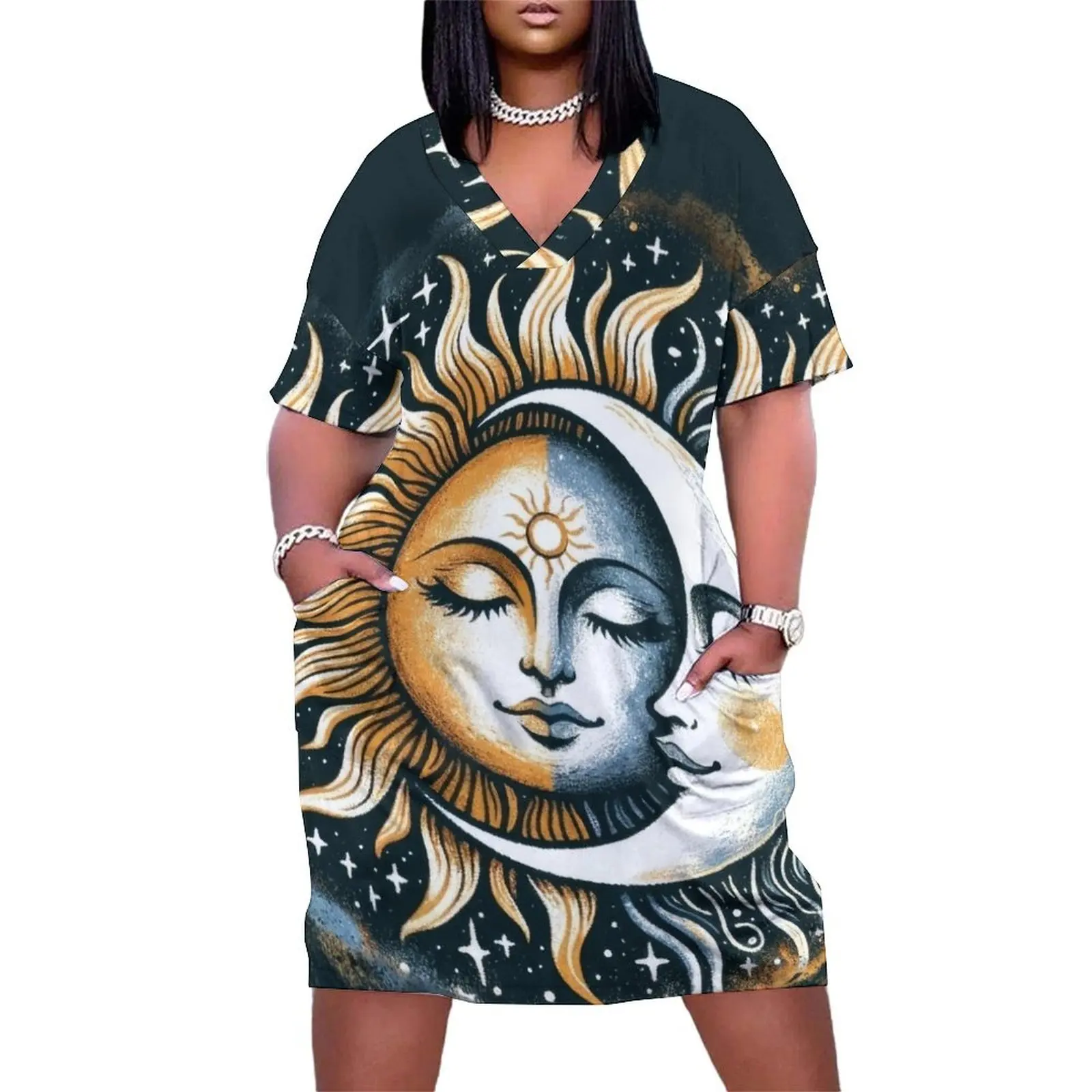 

Vintage Sun and Moon Solar Eclipse Loose Pocket Dress bandage dress Clothing female