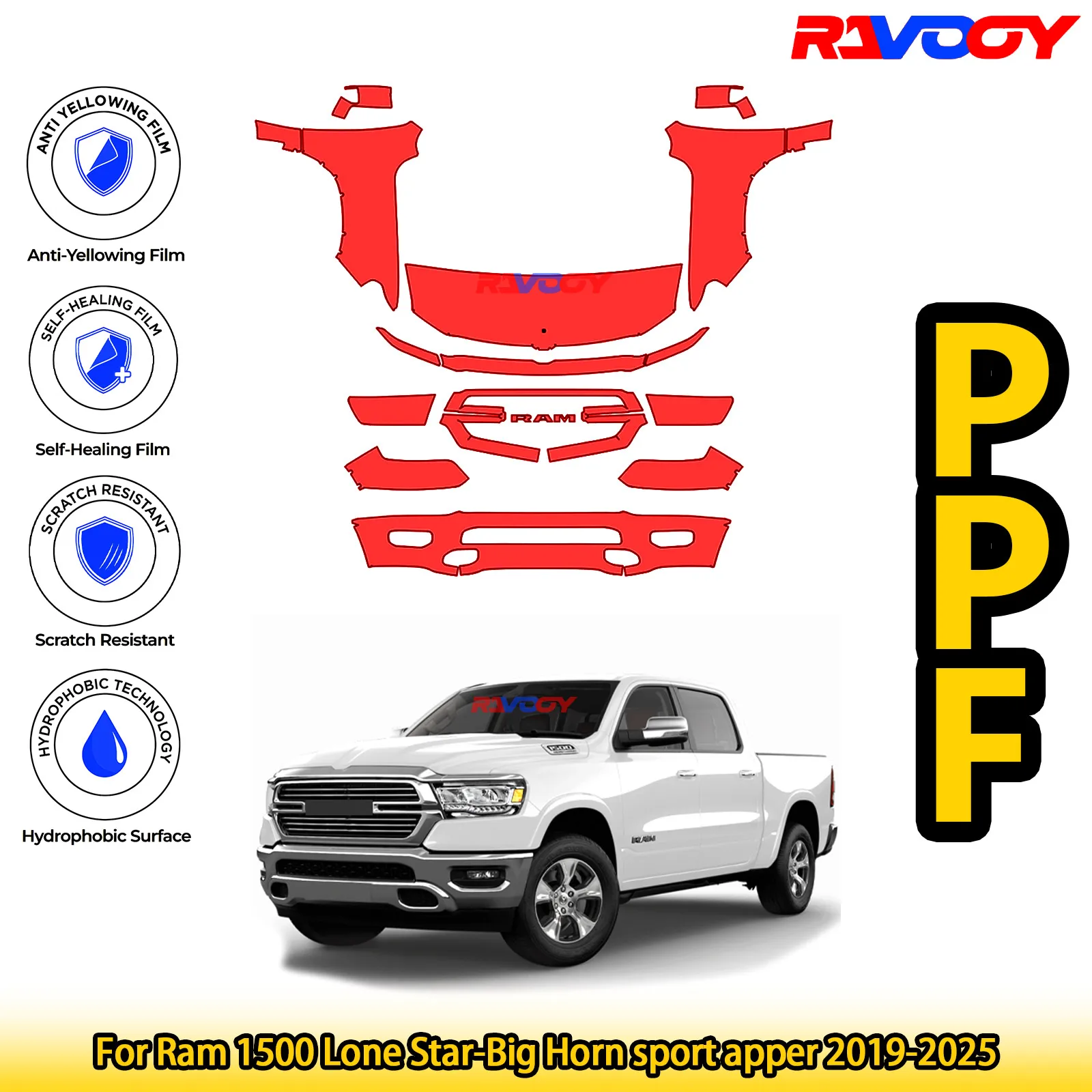 Для Ram 1500 Lone Star-Big Horn sport apper 2019-2025 глянцевый матовый черный предварительно вырезанный передний комплект PPF защитная пленка для краски Для Ram 1500 Lone Star-Big Horn sport apper 2019-2025 глянцевый матовый черный предварительно вырезанный передний комплект PPF защитная пленка для краски
