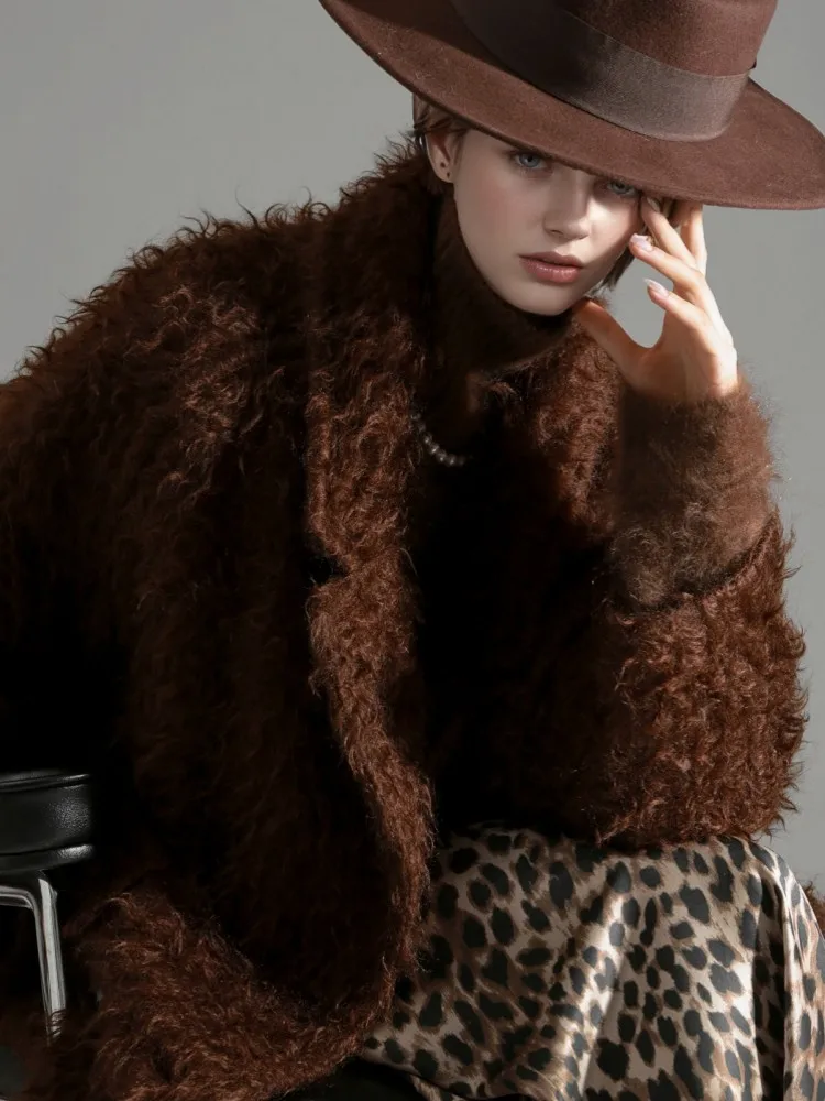 Damski luksusowy płaszcz z mieszanki moheru, wełny i kaszmiru, dwurzędowy, z kołnierzem garniturowym, luźny, ciepły płaszcz na jesień i zimę, jednolity kolor.