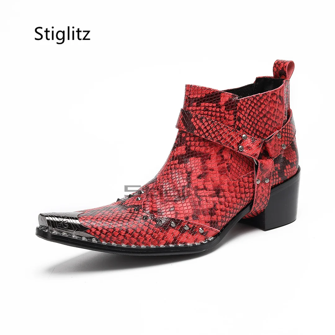 الأحمر الأفعى نمط عالية الكعب أحذية رجالية معدنية أشار تو المسامير جلد طبيعي الكاحل تشيلسي الأحذية فستان حفلات الزفاف الأحذية