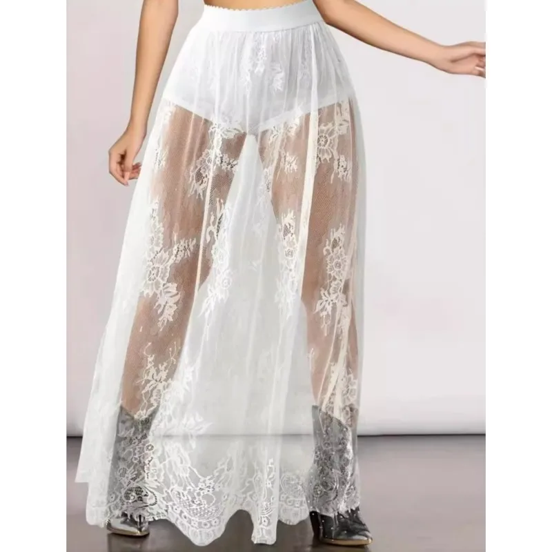 Women Sexy Perspective Meshes Lace Skirts With Shorts Bottom With 2 In1 See Through Highs Waist Sheer Meshes A Line Long Skirt