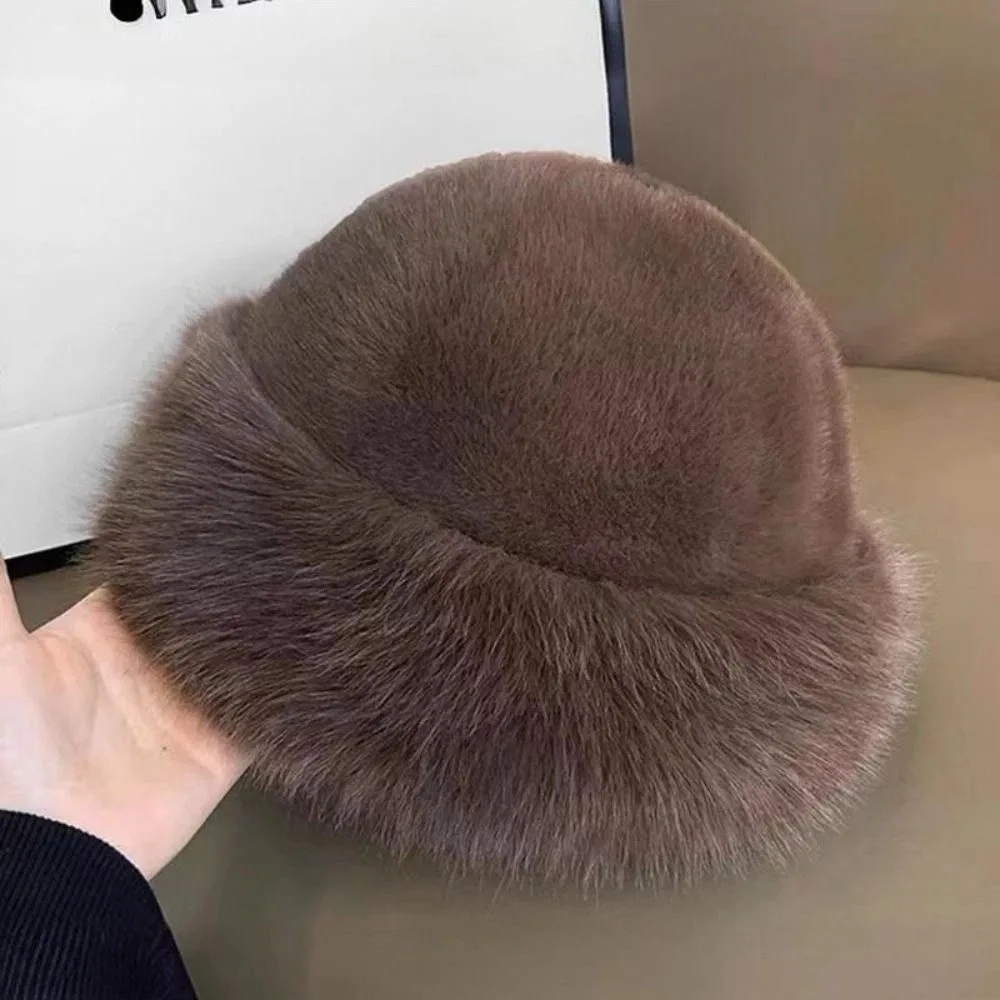 Casual Warm Cap Faux Fur Mink Hat Korean Style Solid Color Basin Cap Bucket Hat Solid Beanie Autumn