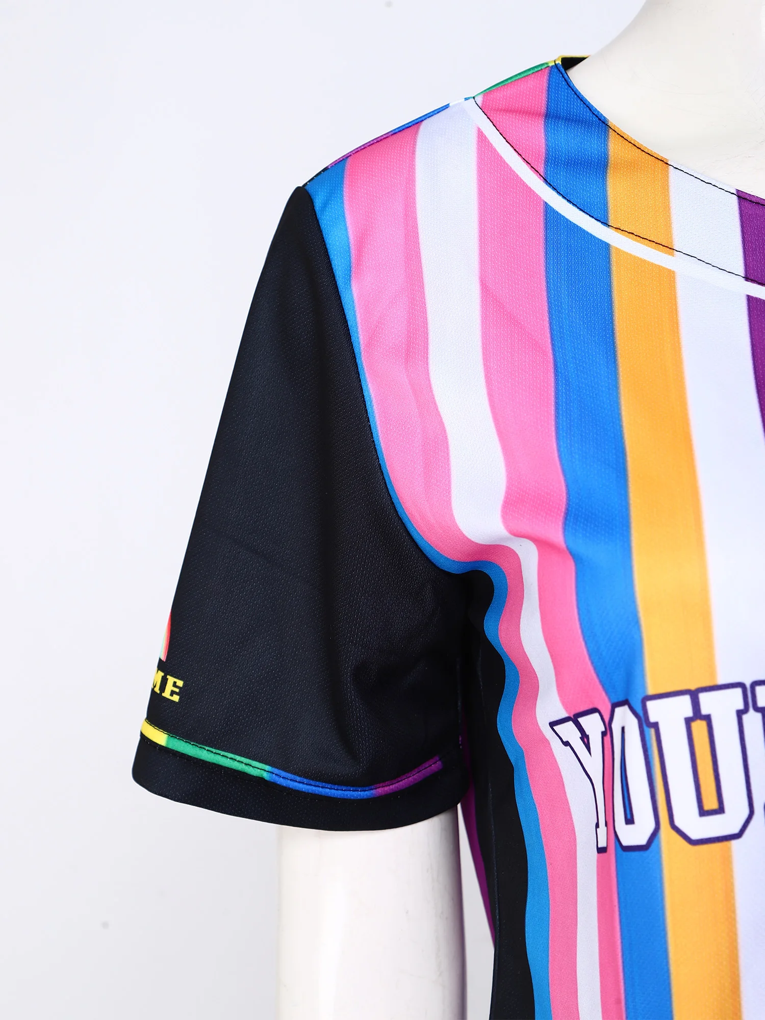 Women V Neck Cropped Baseball Tee Striped Short Sleeve Buttons for Cheerleader Casual Wear Ball Game Performance
