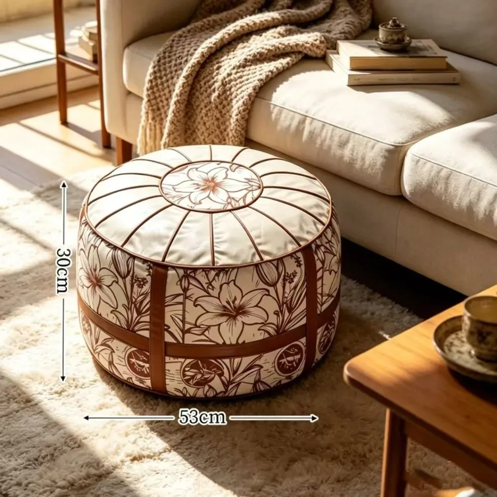 Boho Pattern Ottoman Pouf PU Leather Large Opening Storage Ottoman Water Resistant Fillable Design Footstool Cover Living Room