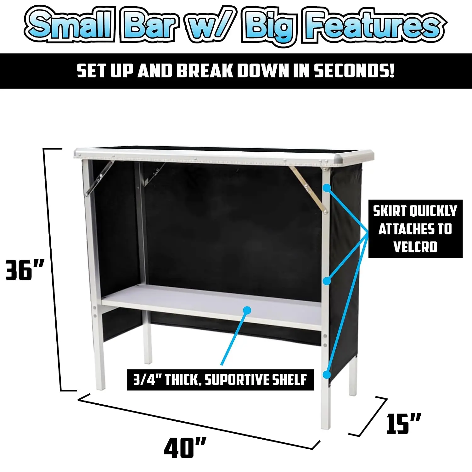 Folding Portable Double Bar w/LED Lights, Wireless Remote, 2 Bar Skirts, Storage Shelf, & Carrying Case - Black