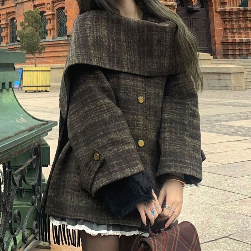 Vintage Y2k Plaid Tweed Blazer Coats Autumn Winter Warm Loose Scarf Jacket One-piece Clothes Elegant Ladies Single-breasted Coat