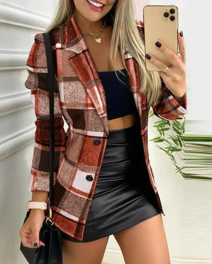 Women's Fashion Jacket Plaid Printed Button Front Long Sleeved Jacket 2024 Early Spring Retro Style Collar Versatile Daily Top