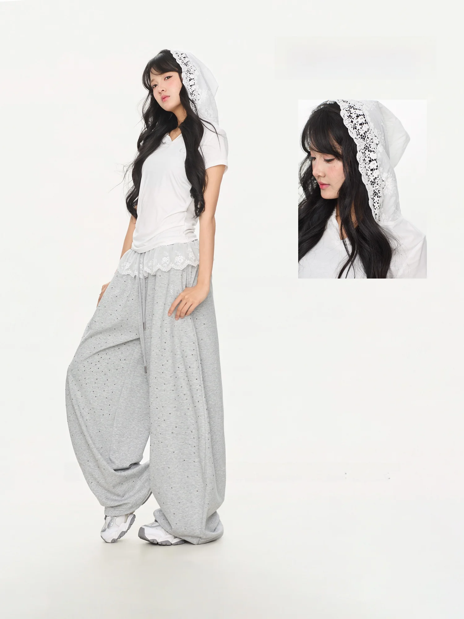Loose Hip Hop Dance Skirt Hem Long Pants Women's Ruffle Diamond American Hot Girl Dancing Pants Korean Style Casual Straight Leg