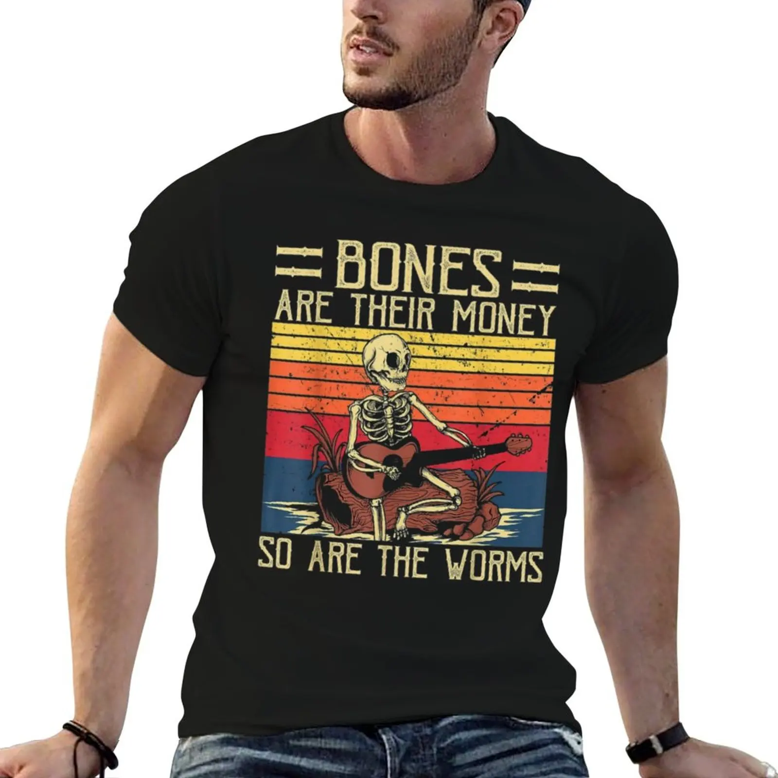 Guitar Bones T-Shirt Their man man t tshirt printed for Money Retro Skeleton shirts Are Vintage Playing