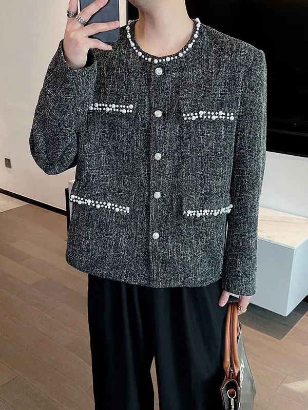 

Pearl Decorated Pad oulder Jaet Men's Spring Autumn Nel High Loose Western Sle Coat Trendy Polyester Fiber Long Sl...