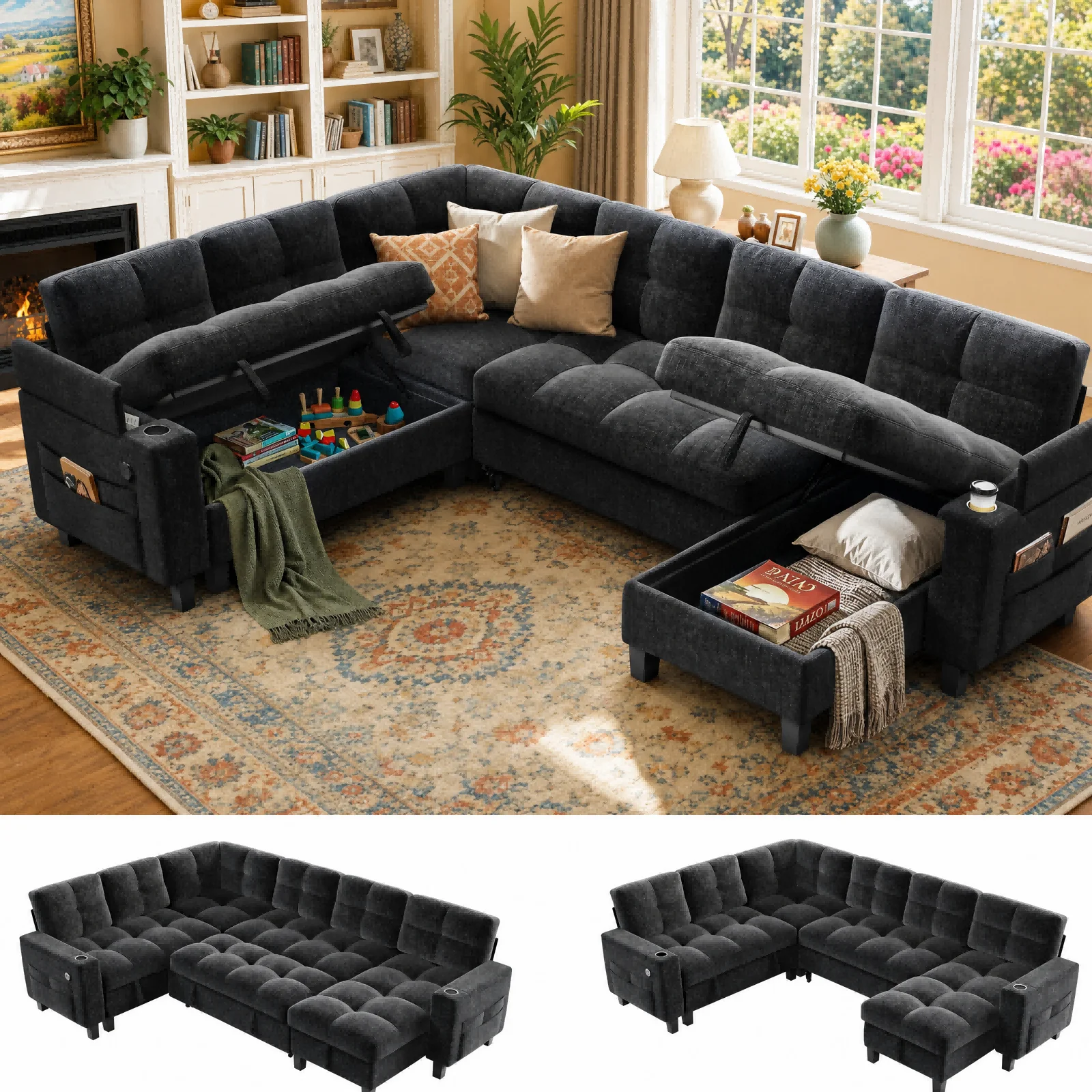 85-110 Inch U-Shaped Modular Sectional Sleeper Sofa, 7-Seat Dark Gray Chenille Cloud Couch, Pull-Out Bed with Hidden Storage, USB Ports & Cup Holders, Multi-Functional Sofa Bed for Living Room Apartment