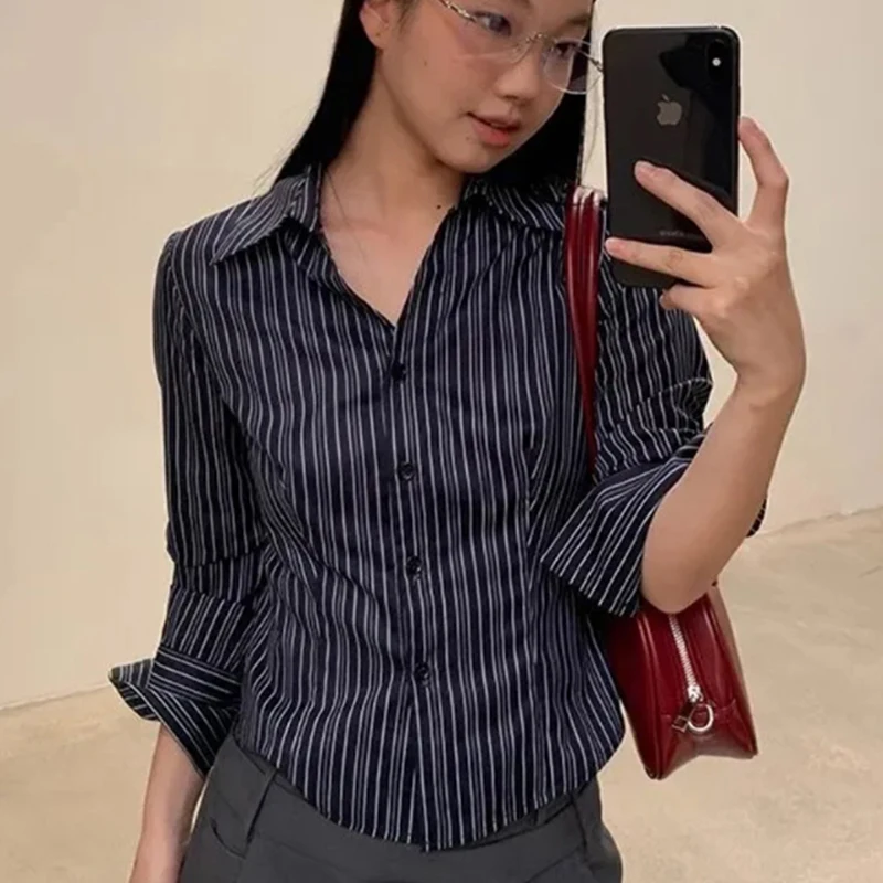 

Осенняя офисная леди Простота Элегантный тренд Сексуальные пуговицы Однобортный полосатый длинный рукав Яркий Легко закрывается людям