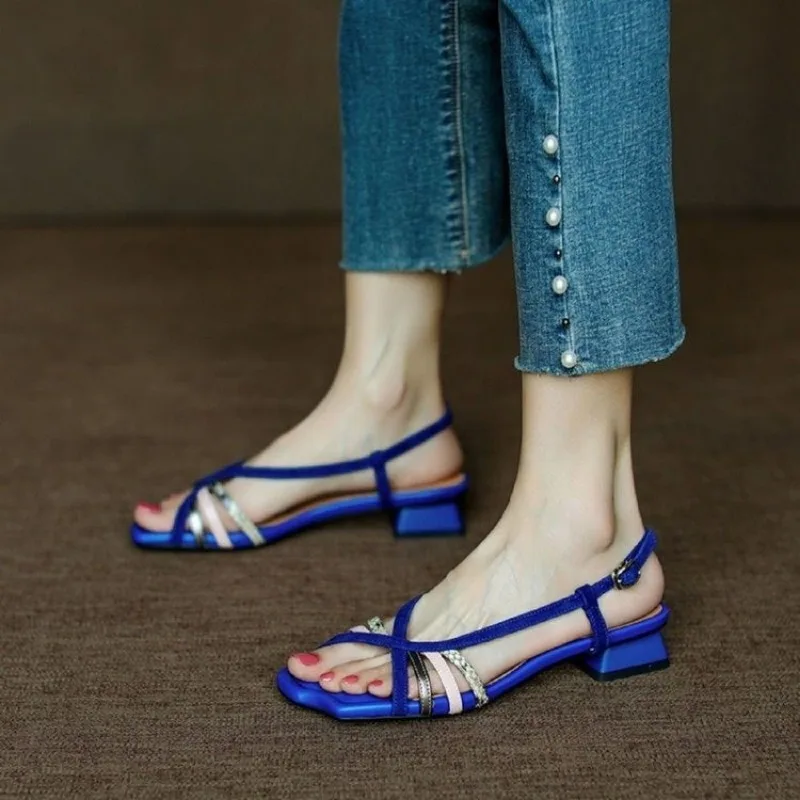 Buckle Design Women's Slingback Sandals 2024 Summer New Simple and Elegant Strappy Sandals Comfortable Mid-heeled Casual Sandals