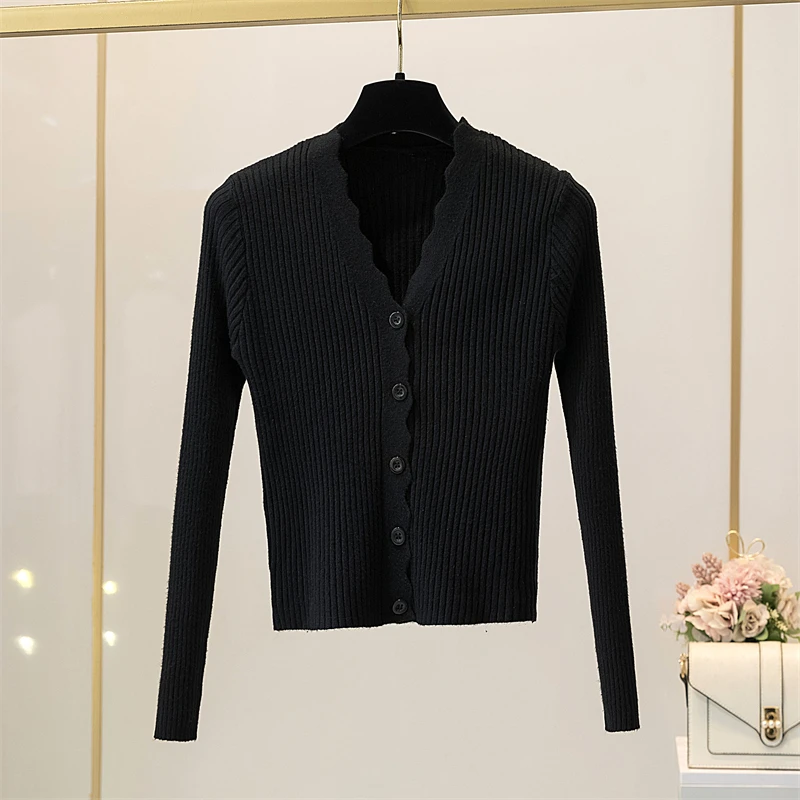 Wave scollo a v nero bianco rosa viola Cardigan donna primavera autunno stile coreano elegante donna sottile Slim aderente maglione lavorato a