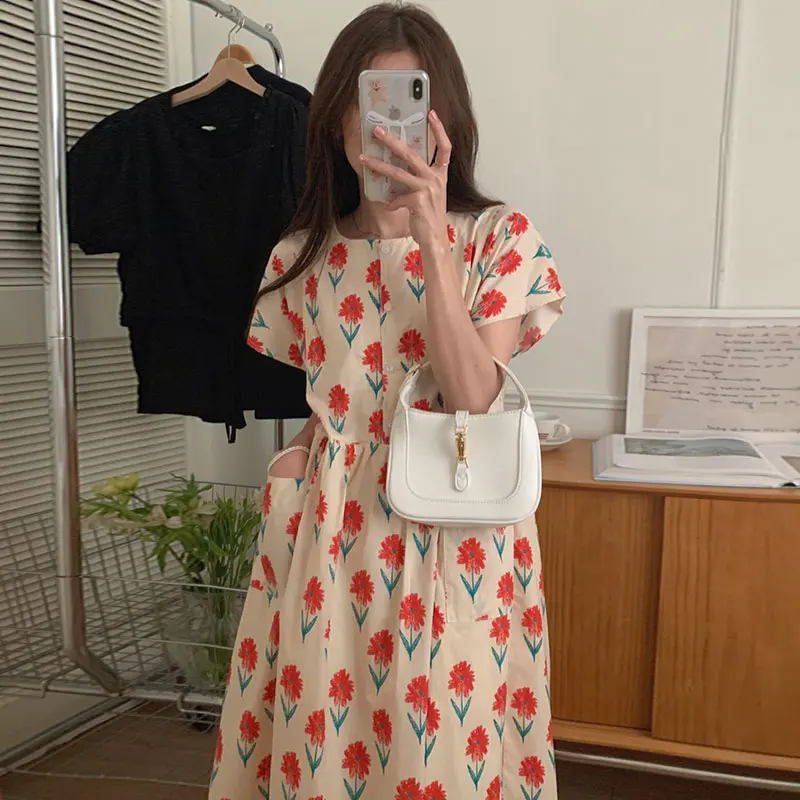 Vestido Midi Coreano de Verão com Estampa Floral Chique, Solto e Casual, com Design de Bolso e Manga Voadora, Cintura Alta, p...