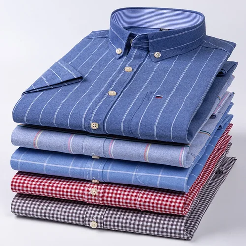 Imagen 2 del producto Nueva camisa Social para hombre de manga corta 100% de algodón puro Oxford suave abotonado a cuadros ropa Formal masculina camisa Social con bolsillo S-7XL