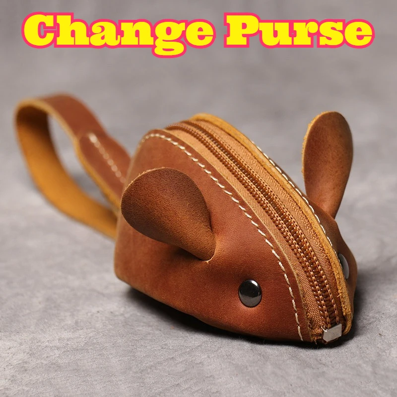 

Vintage Handmade Genuine Leather Coin Purse First Layer Cowhide Mouse Shape Mini Bag Multifunctional Storage Pouch Small Wallet