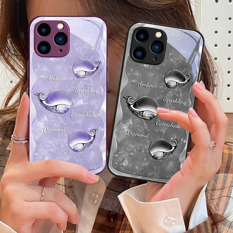 Gemstone Whale White For IPhone 16 Pro Max 15 Pro 14 13 12 Mini 11 XS Max XR 7 8 Plu SE 2022 Tempered Glass Phone Case