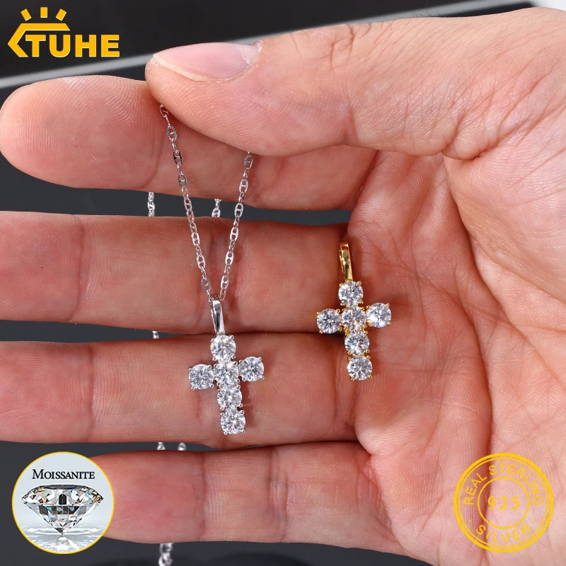 TUHE Unisex Tennis Chain Cross Pendant S925 Silver VVS1 D Moissanite Necklace 18K Gold Plated Hip Hop Jewelry Gift