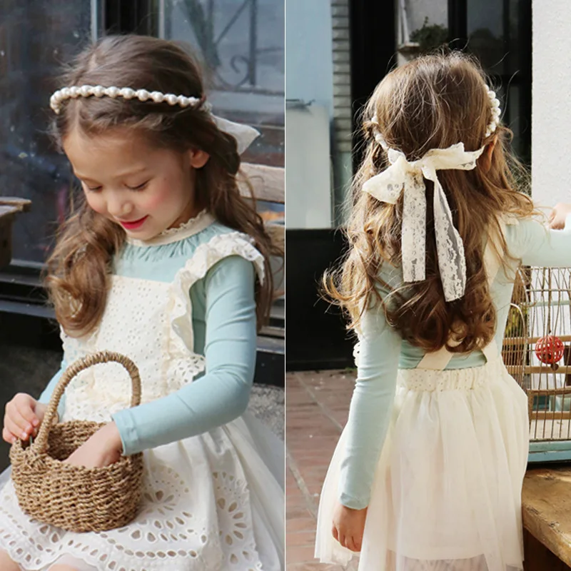 

Little Pricess Pearl Headband Korea Style Lace Hairband for Girls Hair Accessories Lace Bow Pearl Flowing Ribbon Child Hairband