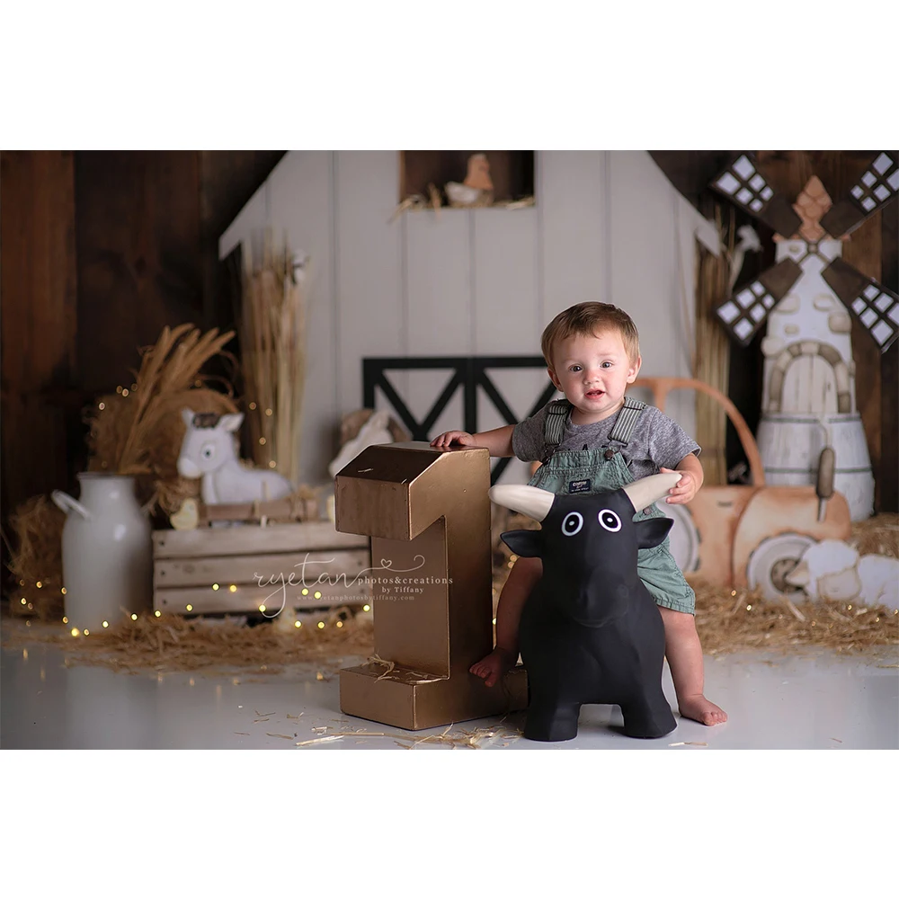 White Barn Farm Photography Backdrop Children Birthday Cake Smash Photo Background Cow and Sheep Windmill Photo Studio Props