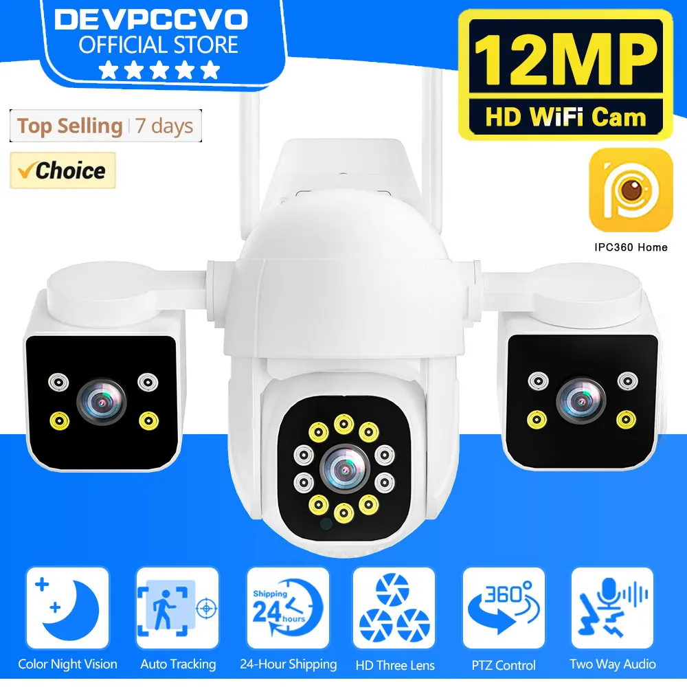 6K 12MP 3 Lens 3 Screens WiFi Outdoor Camera Ai Motion Tracking PTZ 4K Video Camera Security surveillance Camera IPC360 Home