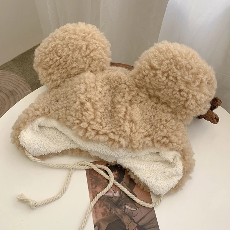 Ins Korean Kawaii Pom-pom Big Ears Bear Hats for Women Winter Imitation Lamb Wool Cold Proof Protection Ear Strap Bomber Cap