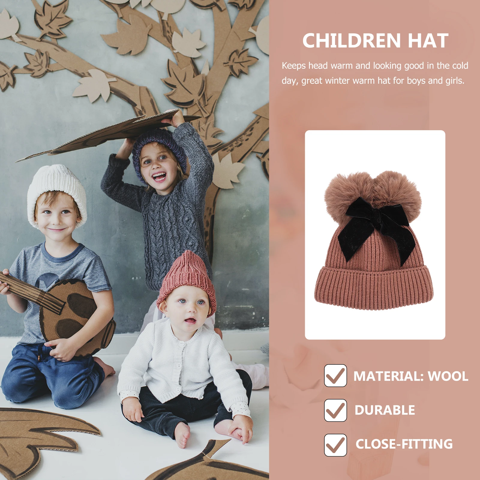 

1pc Kids Bow Knitting Hat Children Warm Knitted Hat Winter Beanie With Furry Balls For Boys Girls Elastic Stretchy Bright Color