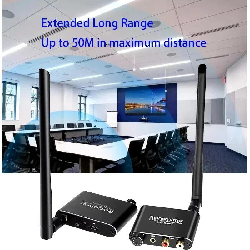 Bezprzewodowy nadajnik i odbiornik audio 50M 2.4G 5.8G, adapter przedłużający audio z konwerterem 3.5mm R/L RCA do TV Box, DVD, PC, głośników — zdjęcie produktu 2