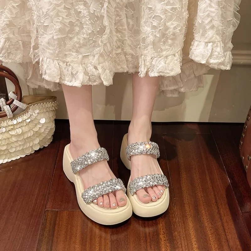

Female Casual Slingbacks Sandal Glitter Chunky Wedge Comfortable Sandals for Women Summer Roman Slippers