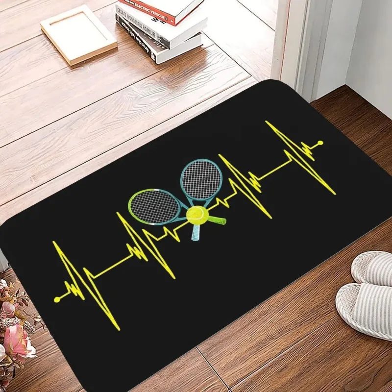 Tennis Heartbeat Print Doormat Yellow ECG Line and Racket Design Non Slip Floor Mat for Sports Lovers