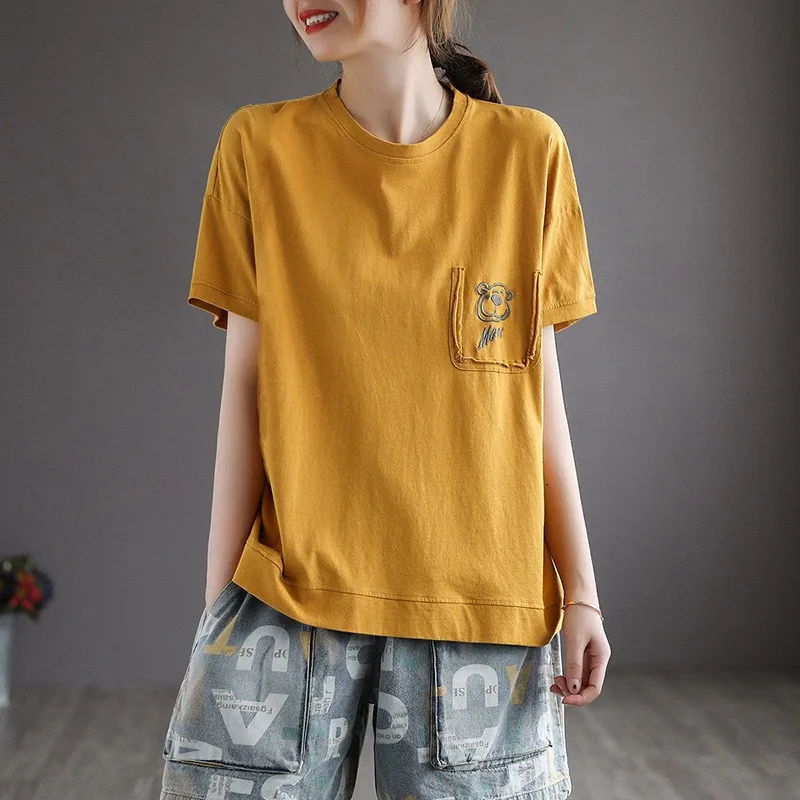 

2024 New Arrival Summer Tops Casual Pockets Patchwork Cotton Woman Clothing Short Sleeve Cartoon Embroidery O-neck T-shirt P46