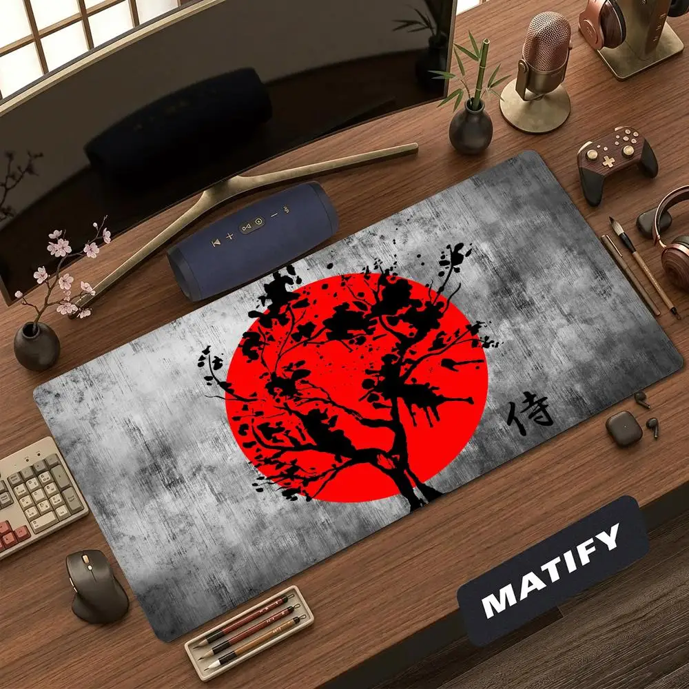 Large XXL Deskmat Vintage Japanese Ink Sakura Branch Red Sun Mouse Pad Non‑Slip Rubber Gaming Keyboard Mats Mousepads For Gamer