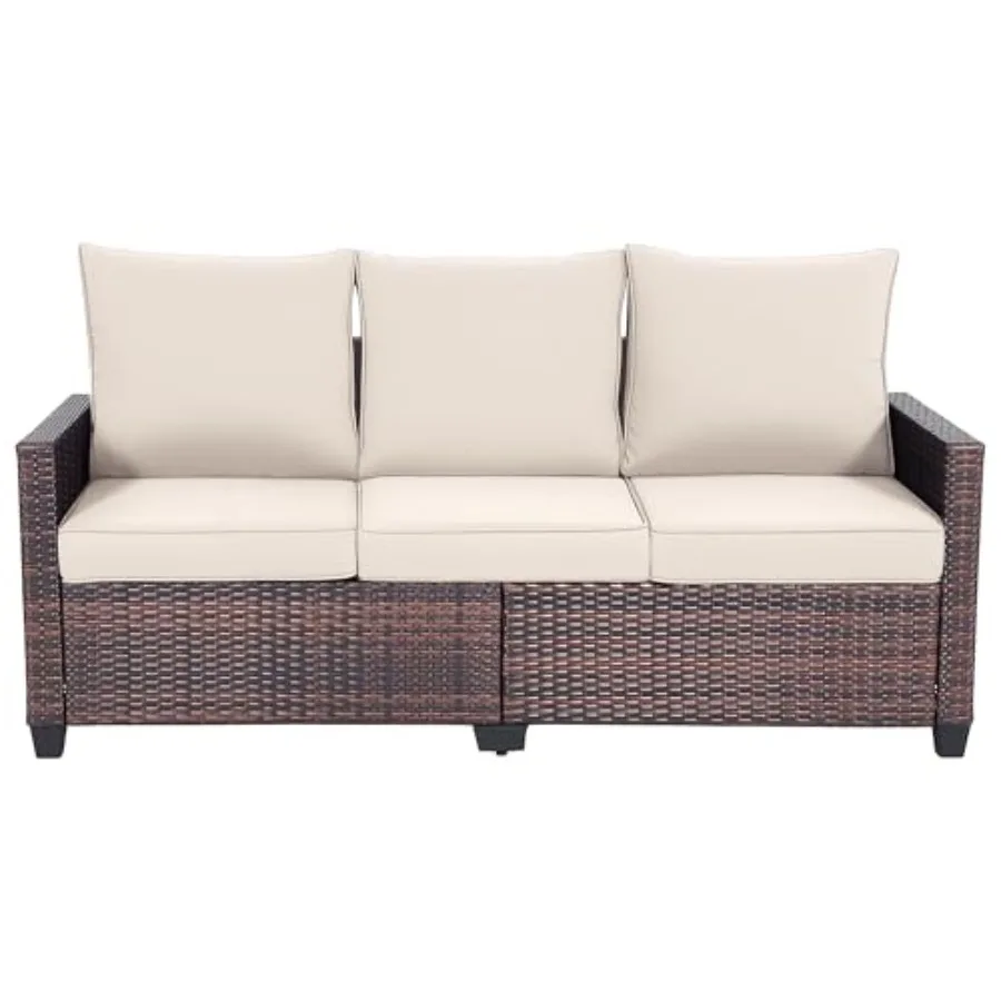 Outdoor patio sofa for garden, deck, or porch use; handwoven rattan wicker; beige color; weather-resistant and UV-protected