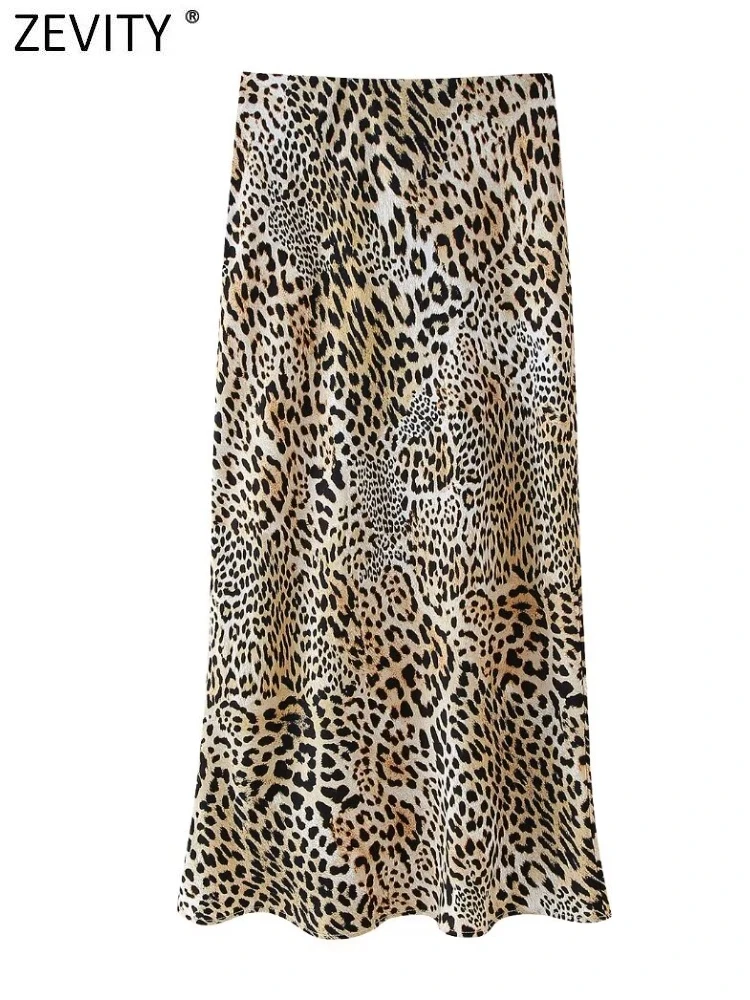 ZEVITY 2024 moda donna Leopard Print Soft Satin A Line gonna vita alta donna Vintage Casual Slim Midi gonne Mujer QUN6188