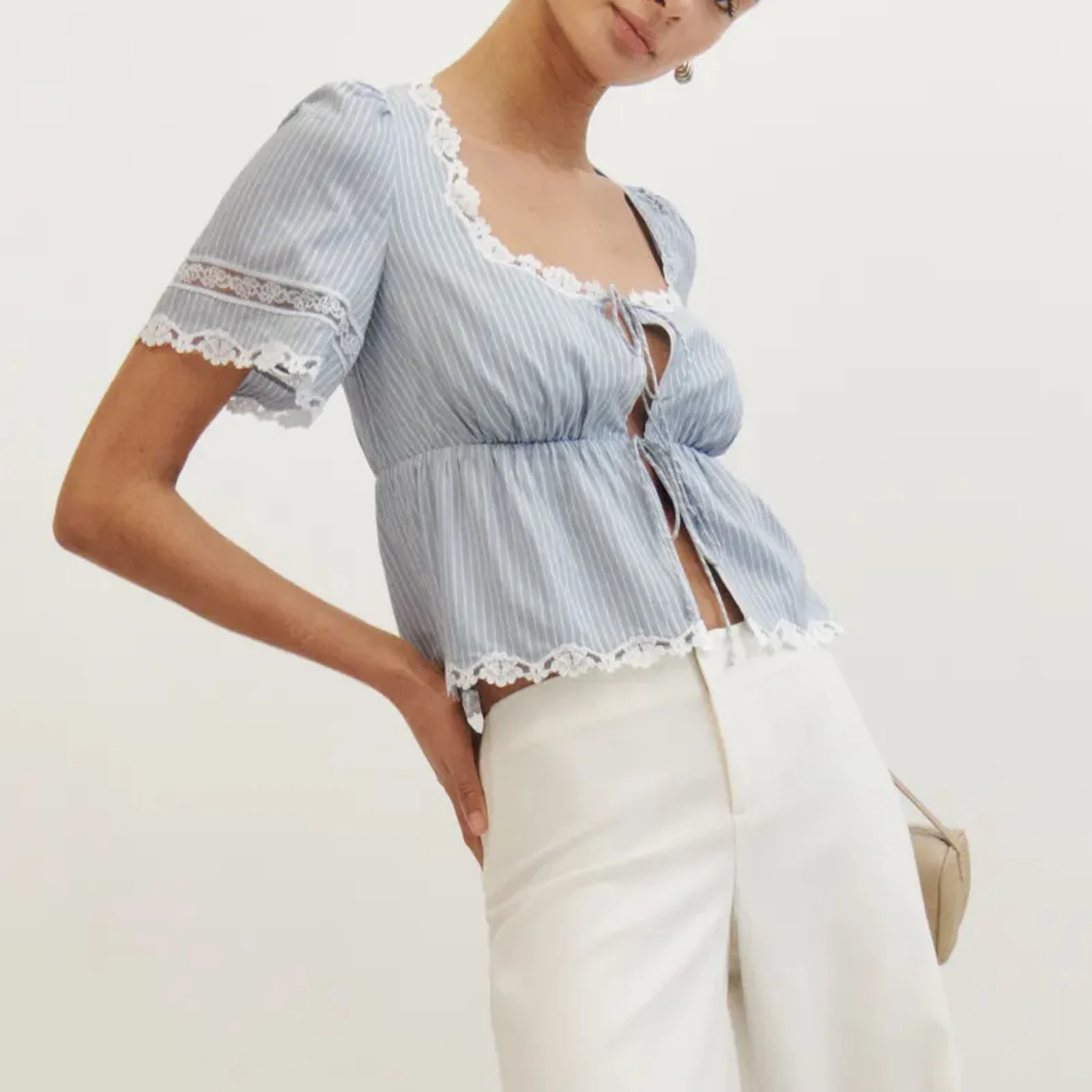 Women Lace Patchwork Tie Up Front T-Shirts Summer Striped Square Neck Short Sleeve Peplum Tops Ladies Elegant Blouse Streetwear