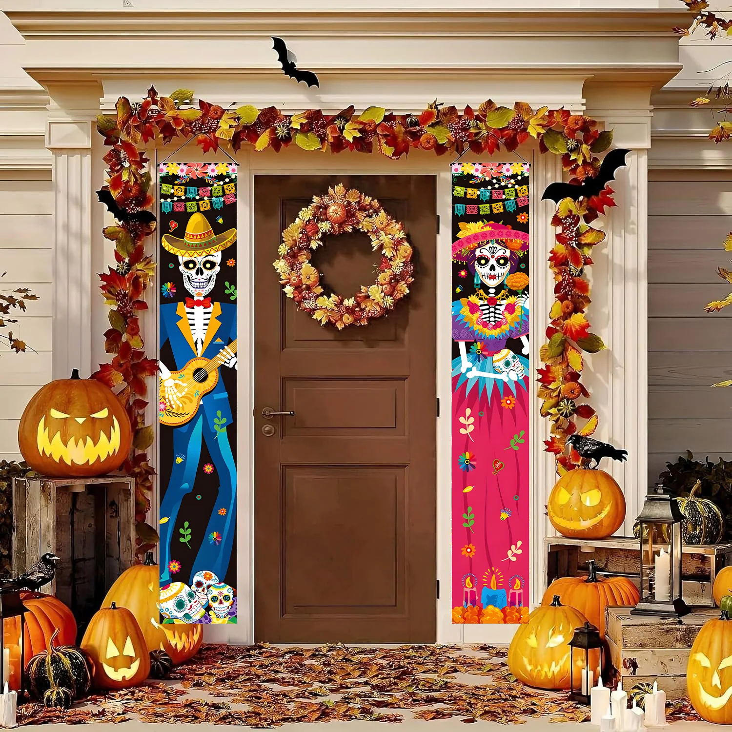 

2PCS Day of the Dead Decorations Dia De Muertos Banner Mexican Dia De Los Muertos Porch Sign Welcome Hanging Door Decor