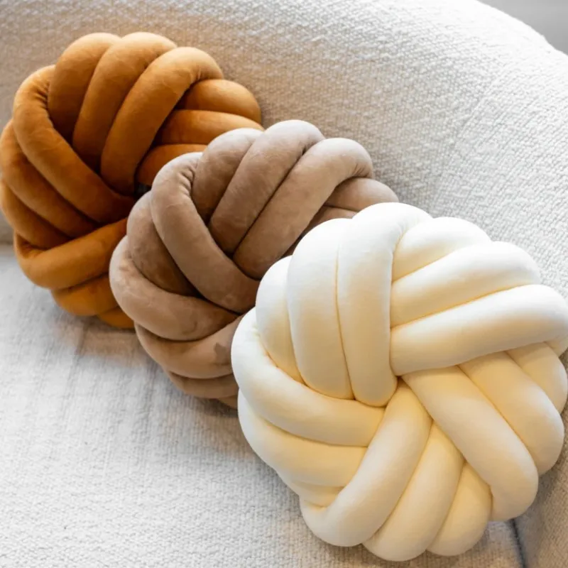 Cremefarbenes Kaffee-Knoten-Kissenball-großes dekoratives Kissen aus Samt, rundes geknotetes Kissen für Zuhause, Schlafzimmer, Couch, Dekoration, Büro