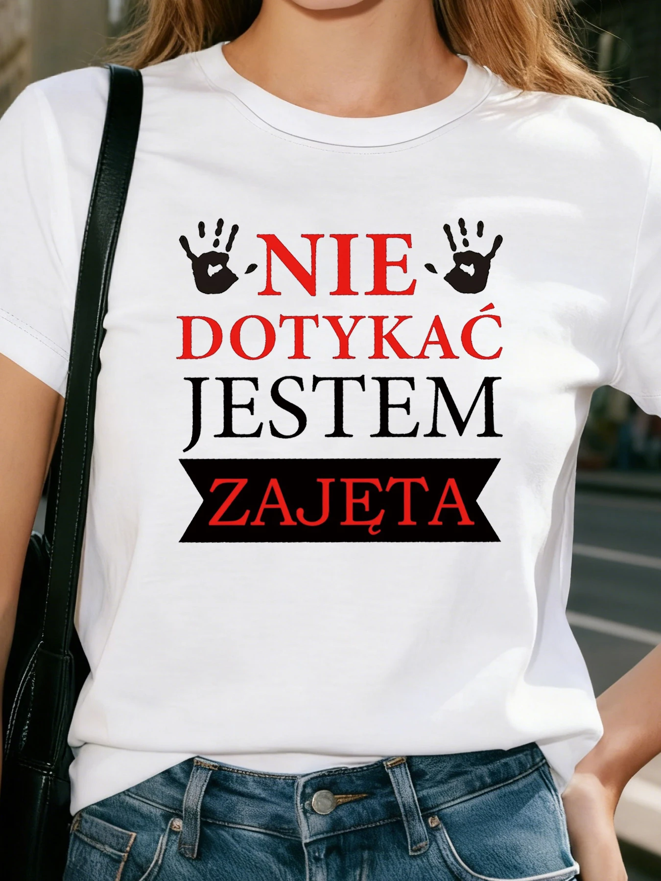 Kaos Wanita Lengan Pendek NIE DOTYKAĆ JESTEM ZAJĘTA Atasan Kasual Leher Bulat Motif Huruf Polandia untuk Musim Panas & Musim Semi