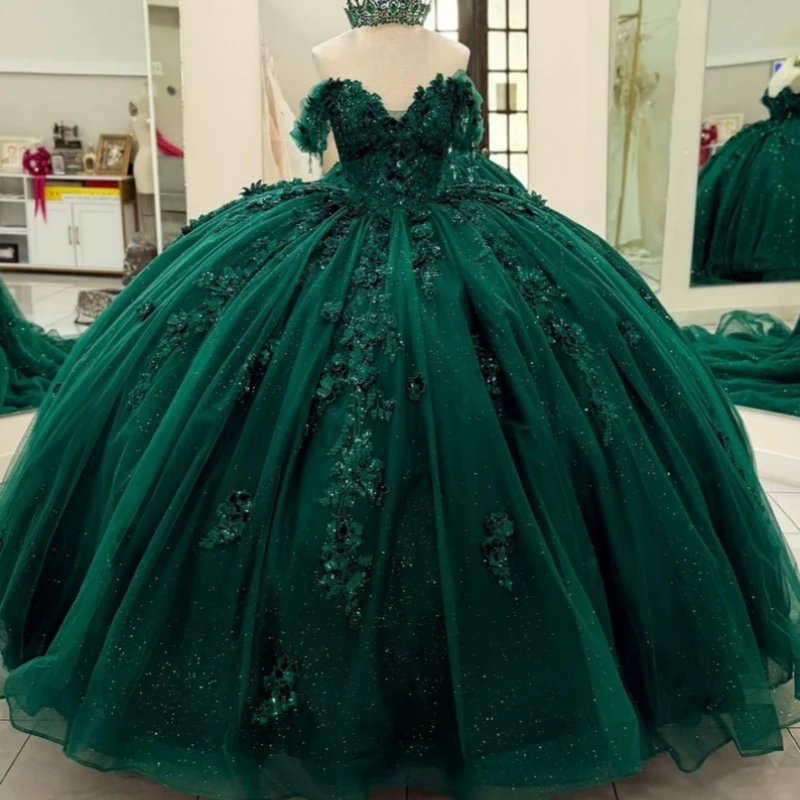 

Темно-зеленые платья для выпускного бала с аппликациями, кружевом, бисером, кристаллами, тюлем, в стиле принцессы, с открытыми плечами, для Sweet 16, Vestidos 15 De Anos