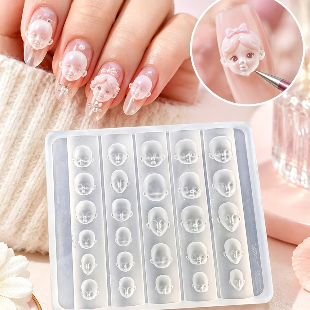 3D Doll Head Face Silicone Nail Art Mold Cute Cartoon Doll Mould For UV Resin Polymer Clay DIY Manicure Nail Charms Carving Tool